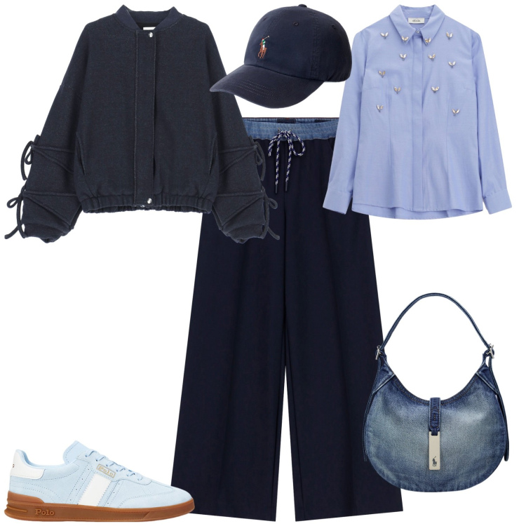 Outfit donna - Total look #2247918. Stile Trendy per Tutti i giorni. Abbinamento con pantaloni a palazzo, bomber, camicie, sneakers, borse a spalla, cappelli.
