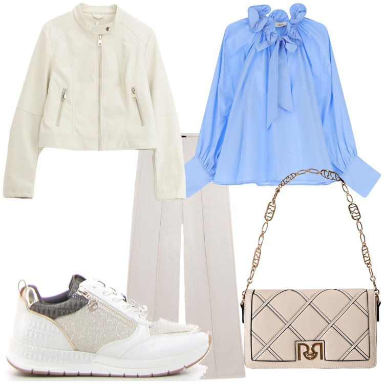 Outfit donna - Al lavoro. Stile Bon Ton per Ufficio. Abbinamento con borse a tracolla, giacche, pantaloni, camicie, sneakers alte.