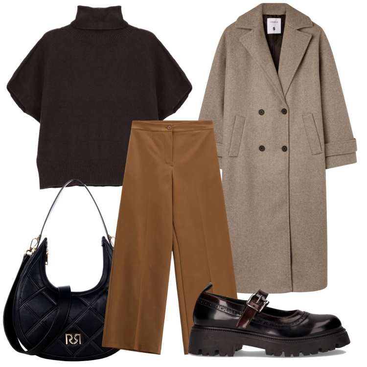 Outfit donna - Minimal chic i colori dell\'autunno. Stile Minimal per Tutti i giorni. Abbinamento con cappotti, borse a tracolla, pantaloni a palazzo, maglieria, mocassini.