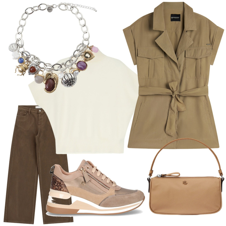 Outfit donna - Total look #2247927. Stile Casual per Ufficio. Abbinamento con pantaloni a palazzo, maglieria, trench, braccialetti con ciondoli, pochette, sneakers alte.