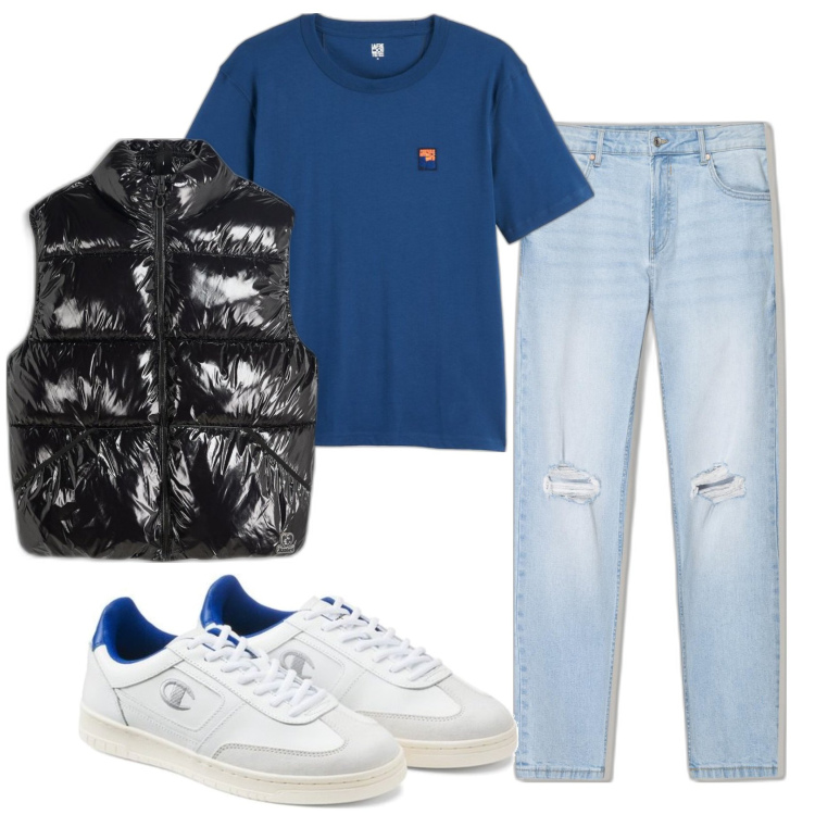 Outfit hombre - Urban style. Estilo Urban para Todos los días. Combinación con vaqueros pitillo, chalecos, sneakers, camiseta.