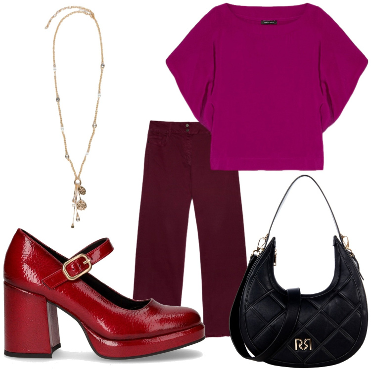 Outfit donna - Total look #2247931. Stile Bon Ton per Serata fuori. Abbinamento con borse a tracolla, bluse, ciondoli, décolleté, jeans dritti.
