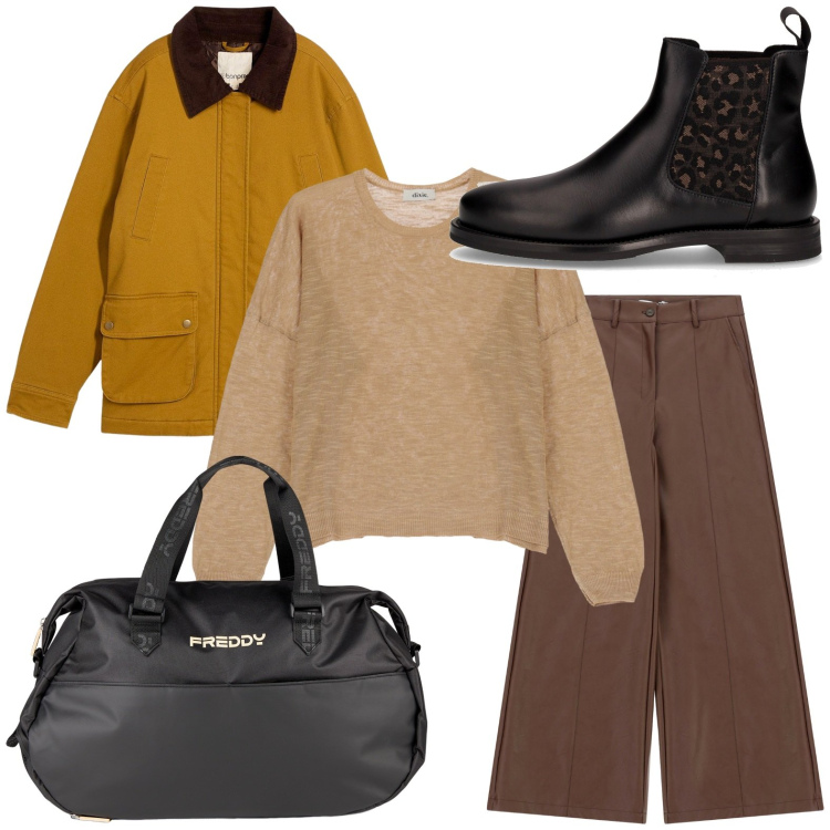 Outfit donna - Senape & co. Stile Casual per Tutti i giorni. Abbinamento con parka, pantaloni a palazzo, borse sportive, pullovers, stivaletti chelsea.