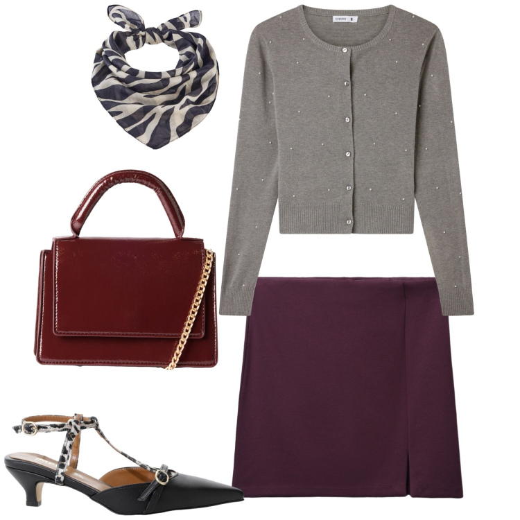 Outfit donna - La minigonna aderente. Stile Minimal per Tutti i giorni. Abbinamento con foulard, borse a tracolla, cardigans, minigonne, décolleté.
