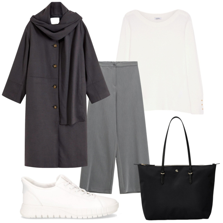 Outfit donna - Total look grigio per l\'autunno. Stile Minimal per Tutti i giorni. Abbinamento con cappotti, pantaloni a palazzo, borse tote, maglieria, sneakers.