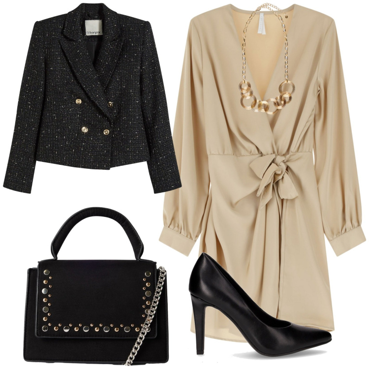Outfit donna - Total look #2247943. Stile Bon Ton per Serata fuori. Abbinamento con blazer, borse a tracolla, vestiti corti, collane, décolleté.