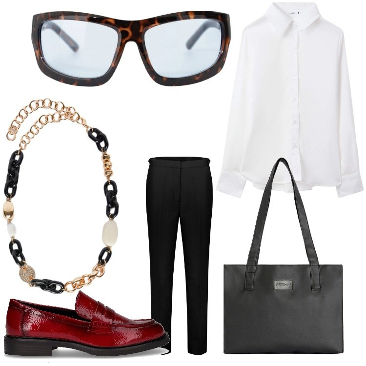 Outfit donna - La prof. Stile Chic per Scuola/Università. Abbinamento con camicie, occhiali da sole, shopping bag, pantaloni, collane, mocassini.