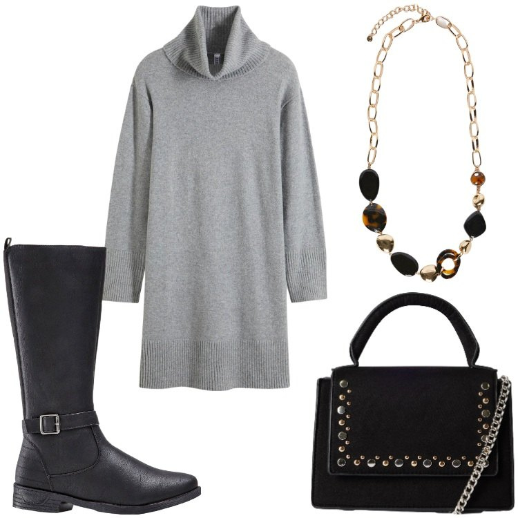 Outfit donna - Tiriamo fuori gli stivali. Stile Casual chic per Tutti i giorni. Abbinamento con stivali, vestiti, borse a tracolla, collane.