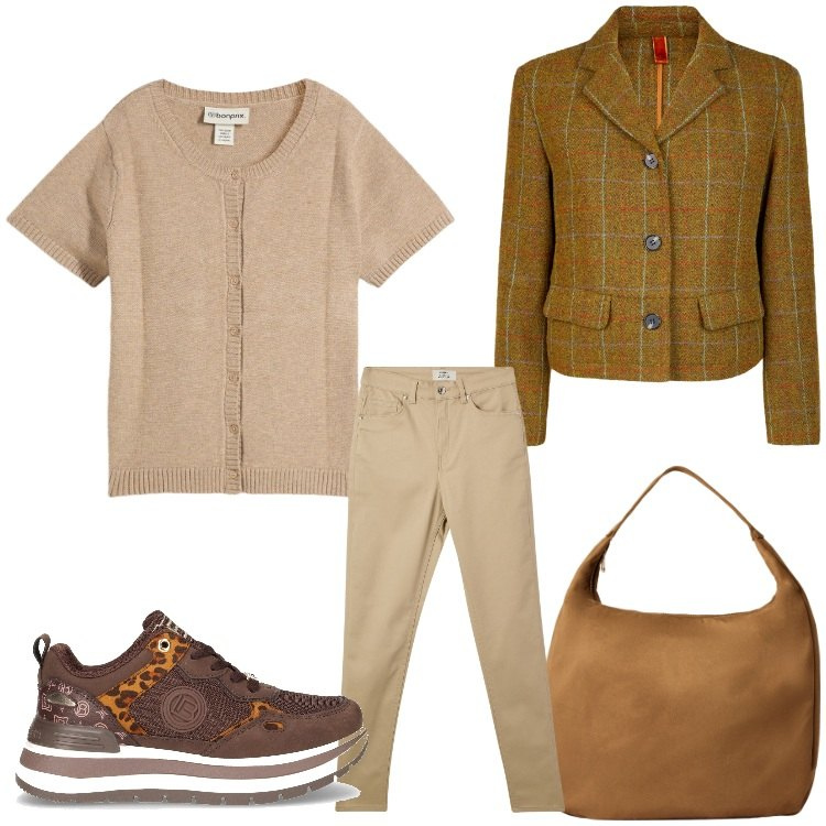 Outfit donna - Autunno. Stile Sporty chic per Ufficio. Abbinamento con cardigans, pantaloni skinny, borse a mano, sneakers, blazer.
