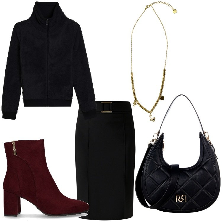 Outfit donna - Morbidezza. Stile Chic per Ufficio. Abbinamento con gonne, borse a tracolla, ciondoli, felpe, stivaletti.