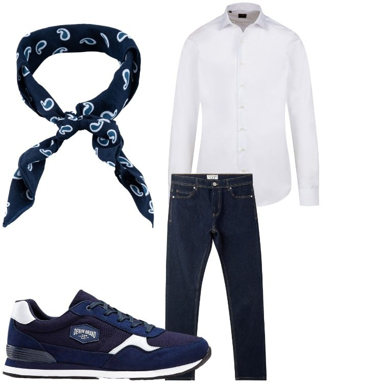 Outfit uomo - Jeans e camicia. Stile Casual per Tutti i giorni. Abbinamento con sneakers, jeans skinny, sciarpe e foulard, camicie.