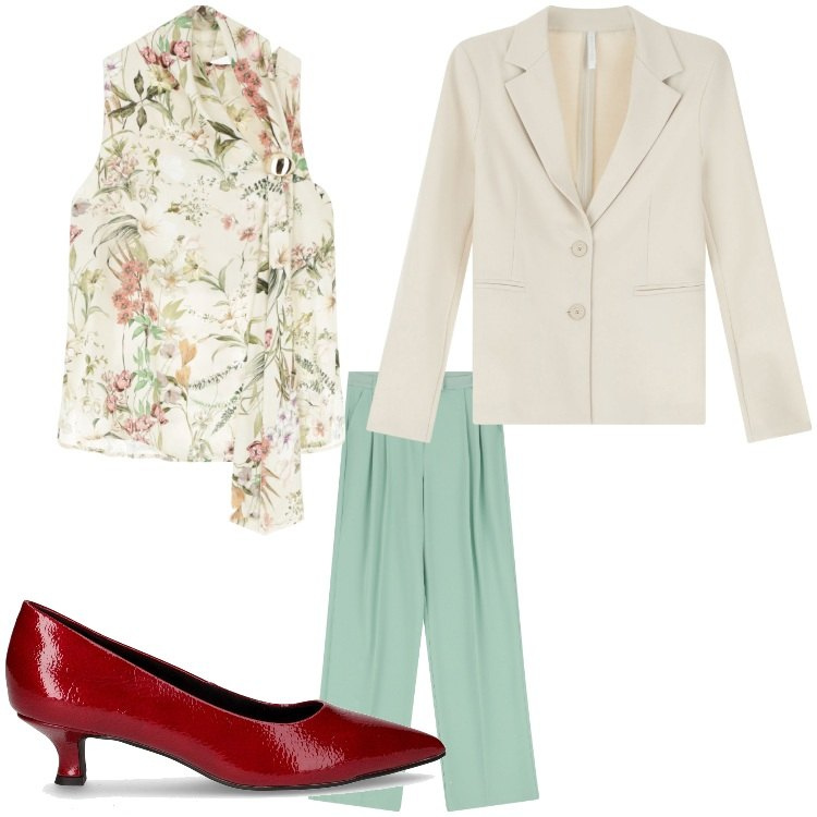 Outfit donna - Tra amiche. Stile Chic per Serata fuori. Abbinamento con top, pantaloni, blazer, décolleté.