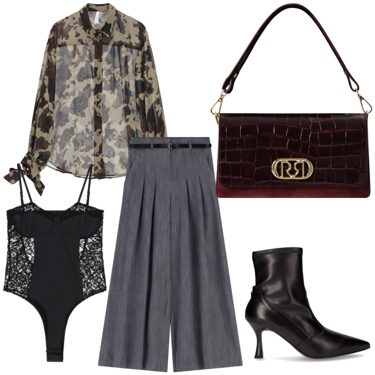 Outfit donna - Trasparente ed elegante. Stile Glamour per Serata fuori. Abbinamento con borse a mano, pantaloni a palazzo, camicie, body, stivaletti.