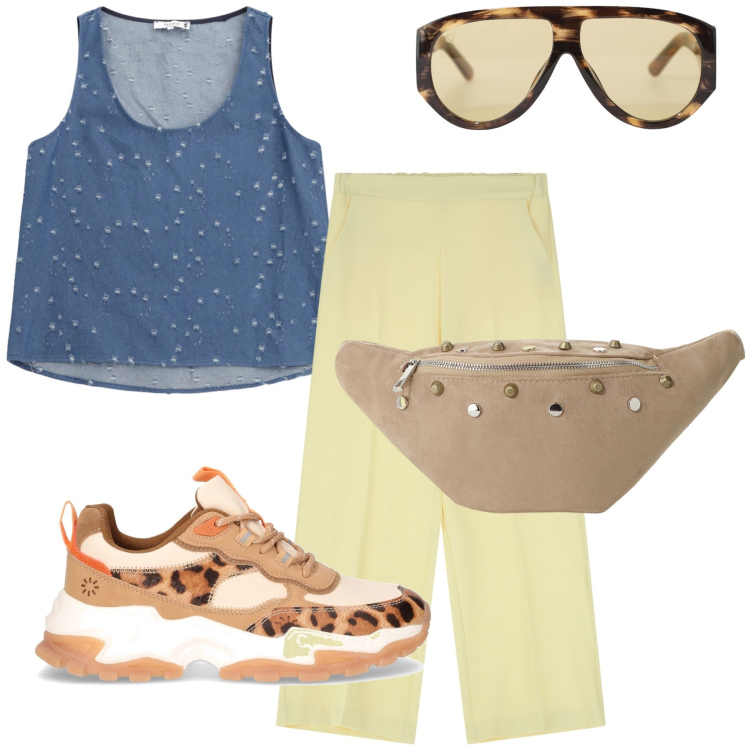 Outfit donna - Passeggiata mix style. Stile Casual per Tutti i giorni. Abbinamento con top, occhiali da sole, pantaloni, marsupi, sneakers alte.