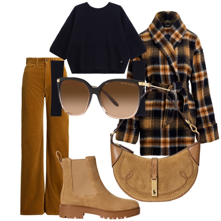 Outfit donna - Curvy stile tartan. Stile Preppy per Tutti i giorni. Abbinamento con maglieria, pantaloni, occhiali da sole, borse a spalla, stivaletti chelsea, cappotti.