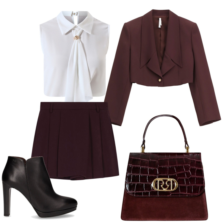 Outfit donna - Serata chic col bordeaux. Stile Chic per Serata fuori. Abbinamento con borse a mano, top, blazer, shorts, stivaletti.