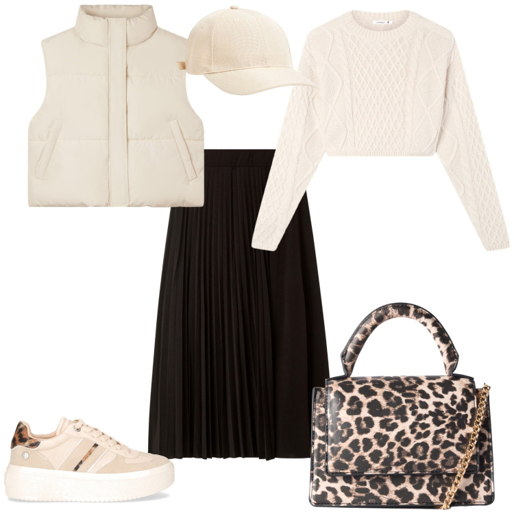 Outfit donna - Total look #2247976. Stile Casual chic per Tutti i giorni. Abbinamento con borse a tracolla, gonne lunghe, cappelli, piumini, maglieria, sneakers.