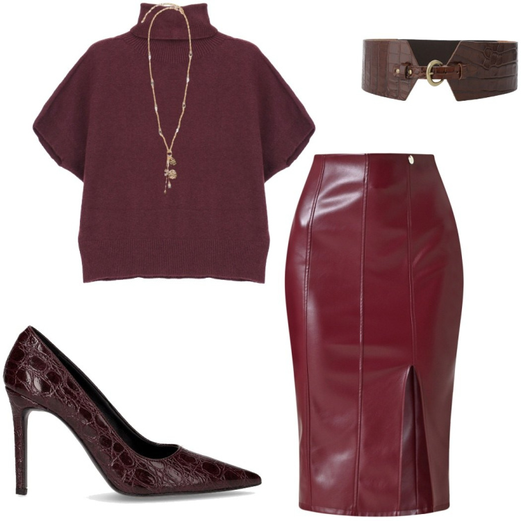 Outfit donna - Bordeaux Mood. Stile Chic per Serata fuori. Abbinamento con gonne longuette, maglieria, cinture, ciondoli, décolleté.