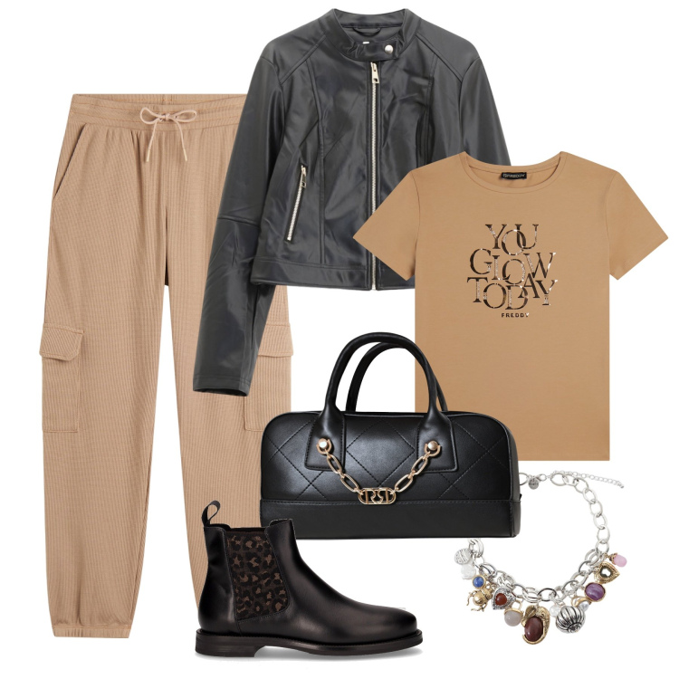 Outfit donna - Sportiva in città. Stile Urban per Tutti i giorni. Abbinamento con borse a mano, giacche, pantaloni sportivi, t-shirt, braccialetti con ciondoli, stivaletti chelsea.