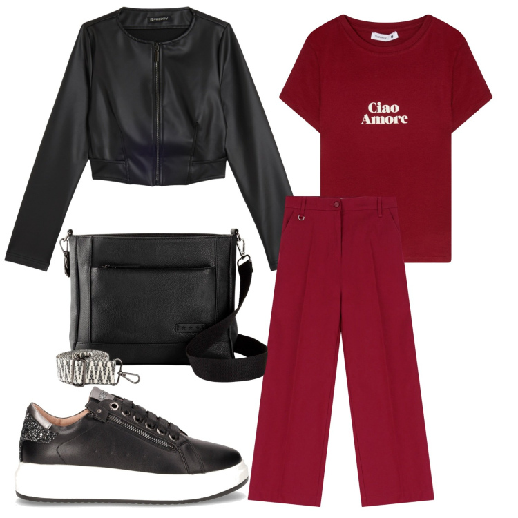 Outfit donna - In love with bordeaux. Stile Casual per Tutti i giorni. Abbinamento con borse a tracolla, t-shirt, pantaloni chino, giacche, sneakers.