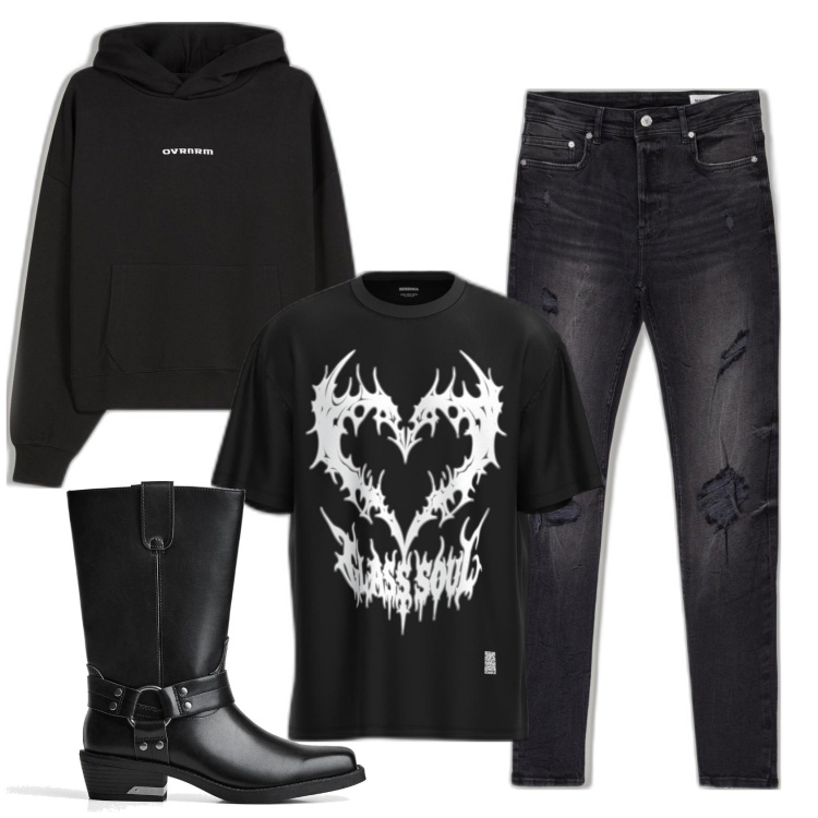 Outfit hombre - Todo oscuro. Estilo Biker Rock para Todos los días. Combinación con vaqueros rotos, sudaderas con capucha, botas, camiseta.