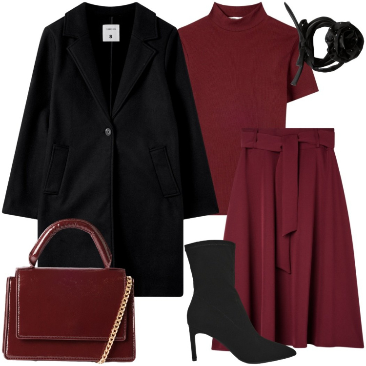 Outfit donna - Terranova New collection. Stile Casual chic per Serata fuori. Abbinamento con gonne lunghe, t-shirt, stivali, collane, cappotti, borse a tracolla.