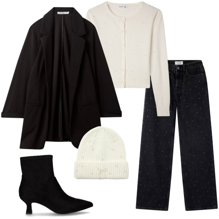 Outfit donna - Terranova New collection. Stile Sporty chic per Serata fuori. Abbinamento con blazer, jeans, cardigans, berretti, stivaletti.