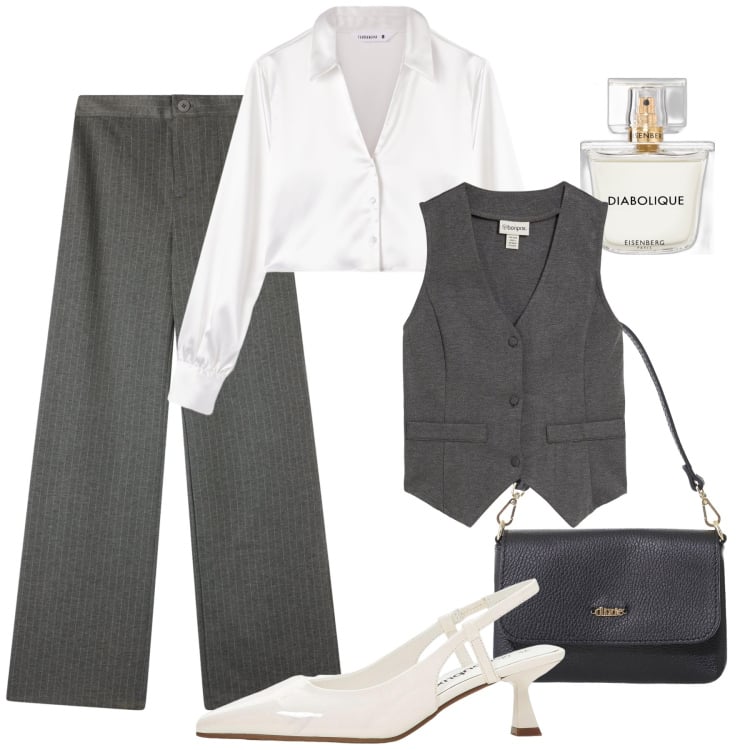 Outfit donna - Grigio e bianco in ufficio. Stile Glamour per Ufficio. Abbinamento con gilet, décolleté, profumi, camicie, pantaloni, borse a tracolla.