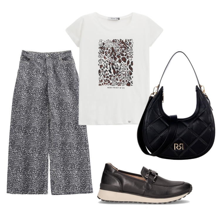 Outfit donna - Oggi comoda. Stile Basic per Tutti i giorni. Abbinamento con borse a tracolla, pantaloni, t-shirt, mocassini.