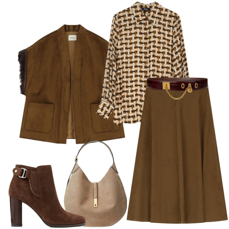 Outfit donna - FW25 Dixie. Stile Glamour per Serata fuori. Abbinamento con camicie, gonne longuette, gilet, borse a spalla, cinture, stivaletti.