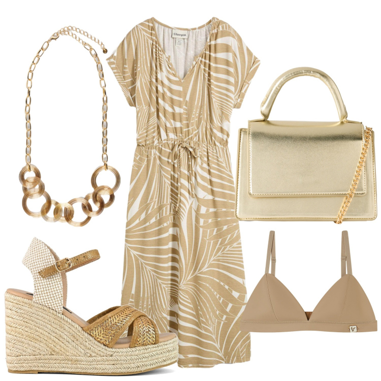 Outfit donna - Le zeppe in estate. Stile 70s per Tutti i giorni. Abbinamento con vestiti, borse a tracolla, reggiseni, zeppe, collane.