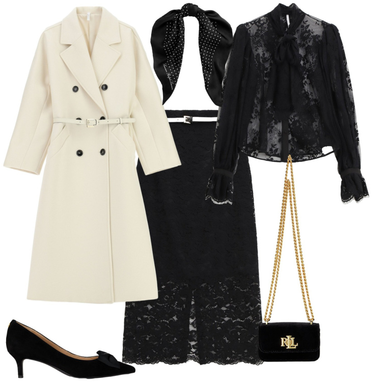 Outfit donna - Total look #2248010. Stile Bon Ton per Serata fuori. Abbinamento con cappotti, camicie, gonne lunghe, foulard, décolleté, pochette.