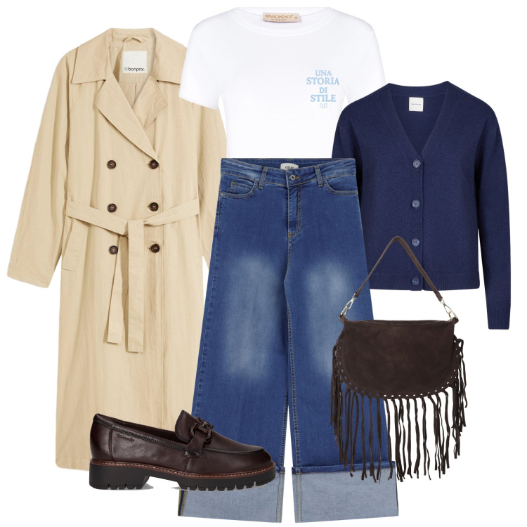 Outfit donna - “Una storia di stile”. Stile Trendy per Tutti i giorni. Abbinamento con trench, t-shirt, jeans dritti, borse a tracolla, cardigans, mocassini.