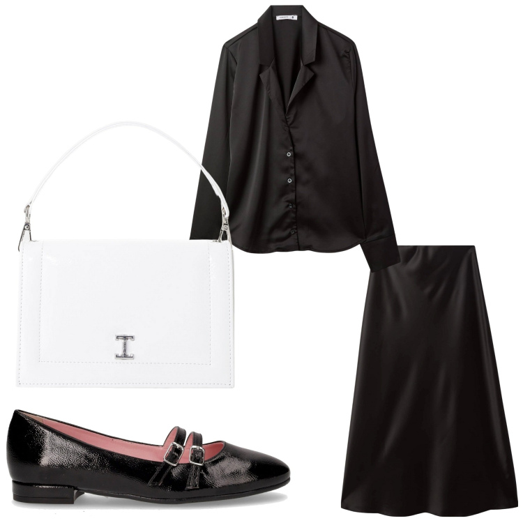 Outfit donna - Bianco e nero. Stile Bon Ton per Serata fuori. Abbinamento con bluse, gonne lunghe, borse a tracolla, ballerine.
