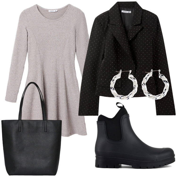 Outfit donna - Di sera senza pretese. Stile Casual chic per Serata fuori. Abbinamento con orecchini, borse tote, blazer, vestiti corti, stivali.