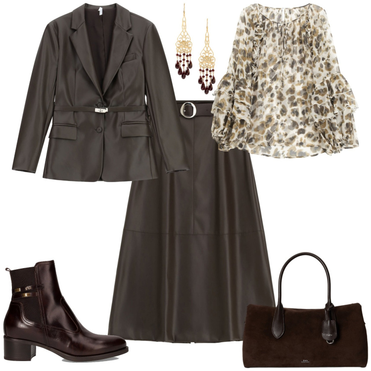 Outfit donna - Rock chic. Stile Rock per Tutti i giorni. Abbinamento con camicie, blazer, gonne lunghe, borse a mano, orecchini, stivaletti.
