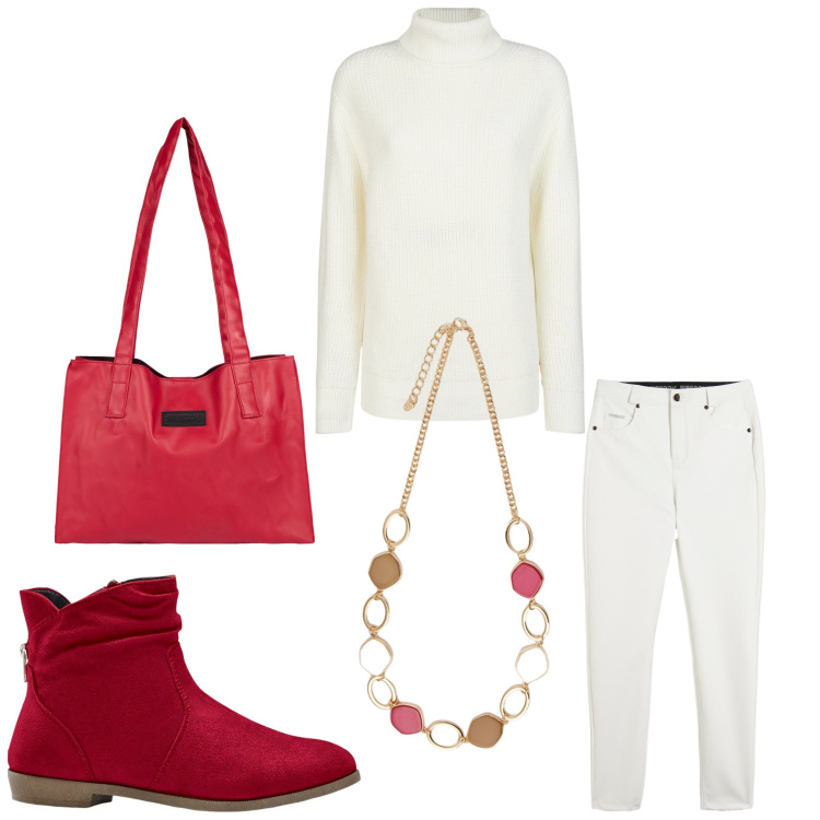 Outfit donna - Quasi autunno. Stile Casual per Tutti i giorni. Abbinamento con stivaletti, shopping bag, pantaloni skinny, maglieria, collane.