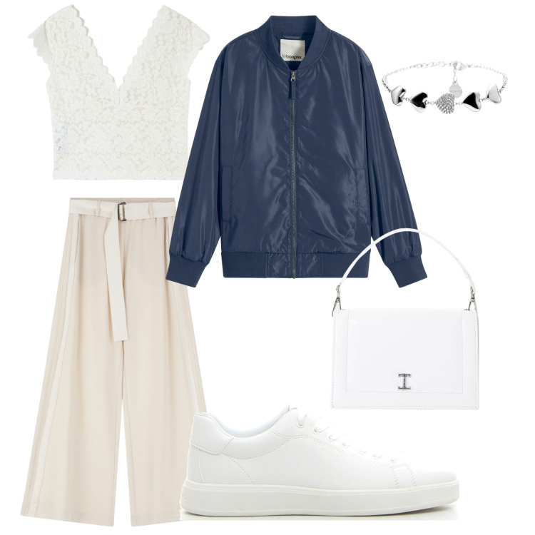 Outfit donna - Look originale. Stile Sporty chic per Serata fuori. Abbinamento con bomber, t-shirt, pantaloni, borse a tracolla, braccialetti, sneakers.
