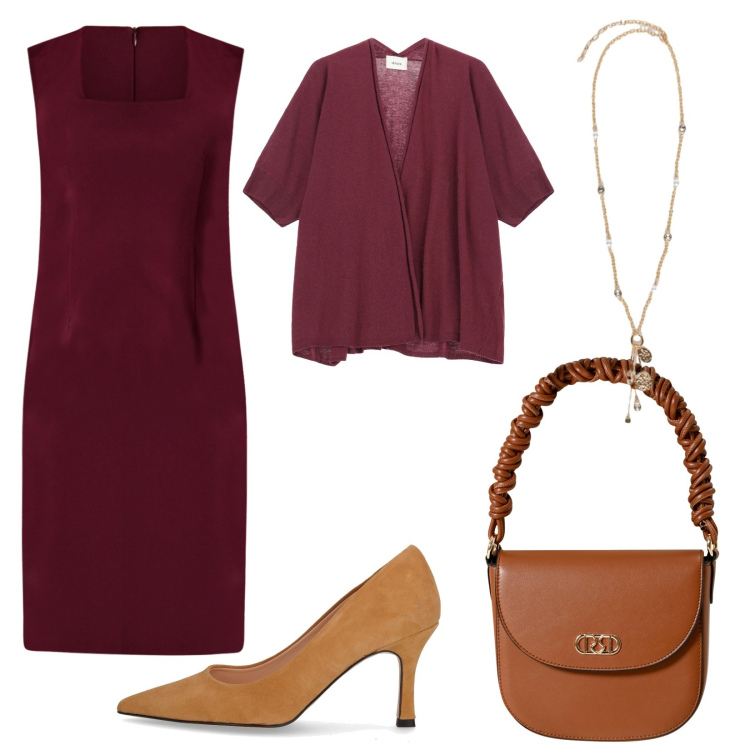 Outfit donna - Bordeaux mood. Stile Chic per Serata fuori. Abbinamento con vestiti a tubino, borse a mano, cardigans, décolleté, ciondoli.