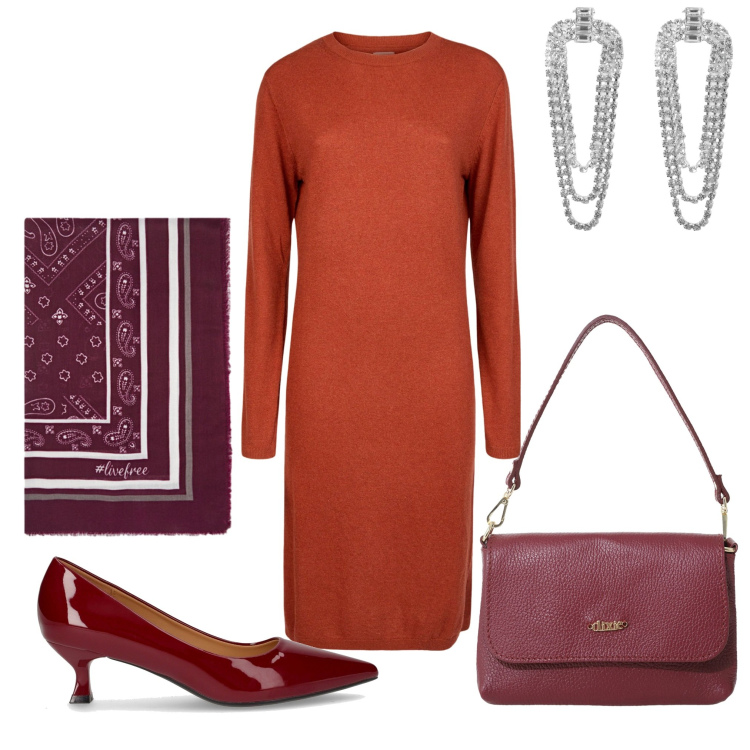 Outfit donna - Il tubino. Stile Bon Ton per Tutti i giorni. Abbinamento con orecchini, borse a tracolla, vestiti, décolleté, foulard.