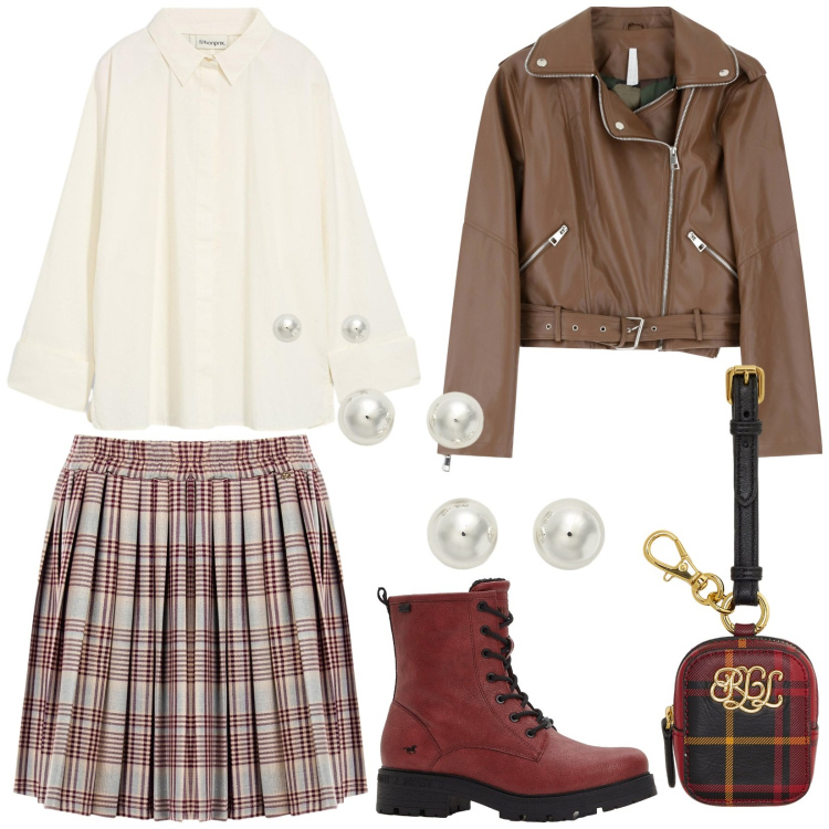 Outfit donna - Il ritorno del tartan. Stile Preppy per Serata fuori. Abbinamento con stivaletti, bluse, minigonne, giacche, orecchini, pochette.