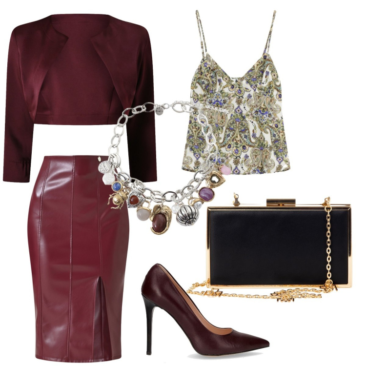 Outfit donna - L’eleganza del “bordeaux”. Stile Chic per Serata fuori. Abbinamento con pochette, gonne longuette, bolero, top, braccialetti con ciondoli, décolleté.