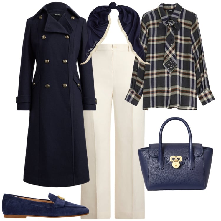 Outfit donna - Total look #2248044. Stile Chic per Tutti i giorni. Abbinamento con camicie, pantaloni, mocassini, borse a mano, foulard, cappotti.