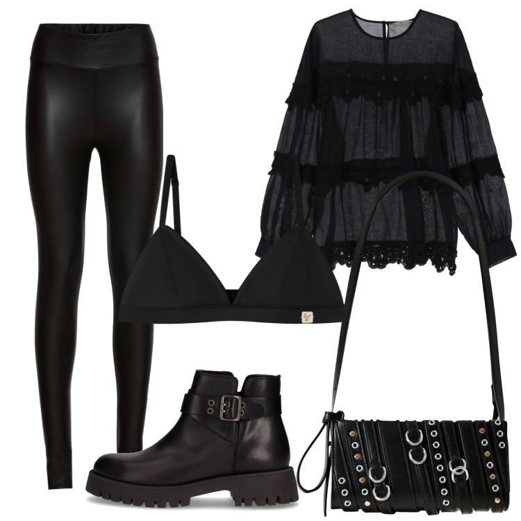 Outfit donna - Pizzo e sporty. Stile Sporty chic per Serata fuori. Abbinamento con treggings, borse a spalla, reggiseni, camicie, stivaletti chelsea.