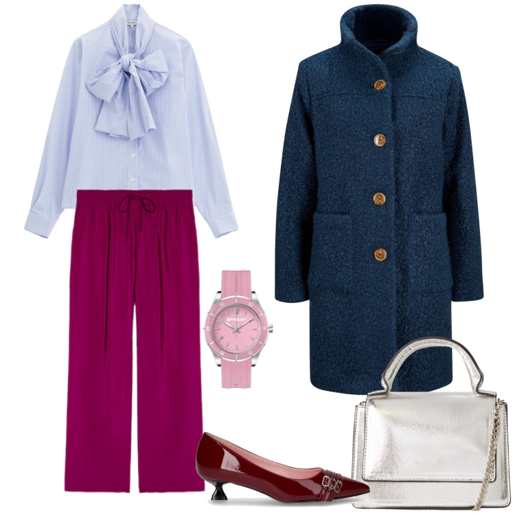 Outfit donna - Ci vado dove mi pare. Stile Casual chic per Tutti i giorni. Abbinamento con cappotti, borse a tracolla, camicie, orologi, pantaloni, décolleté.