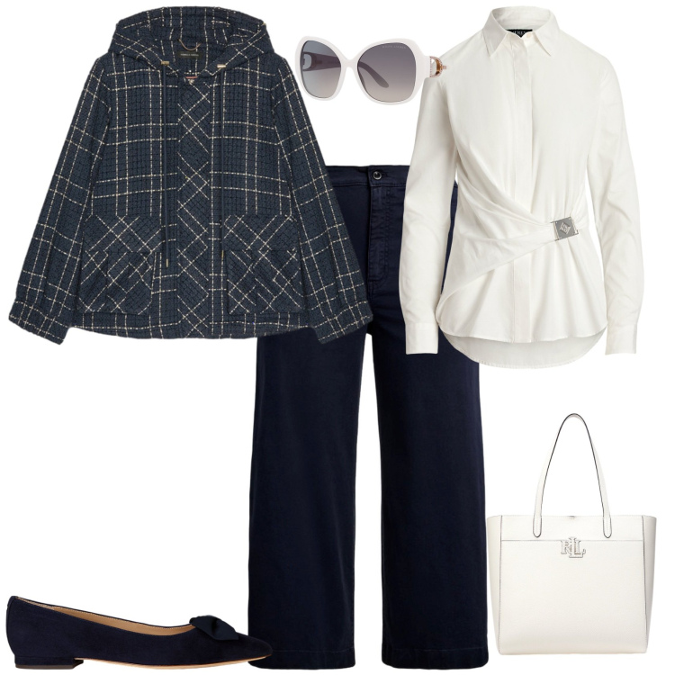 Outfit donna - Total look #2248047. Stile Casual chic per Tutti i giorni. Abbinamento con occhiali da sole, borse tote, ballerine, camicie, pantaloni, blazer.