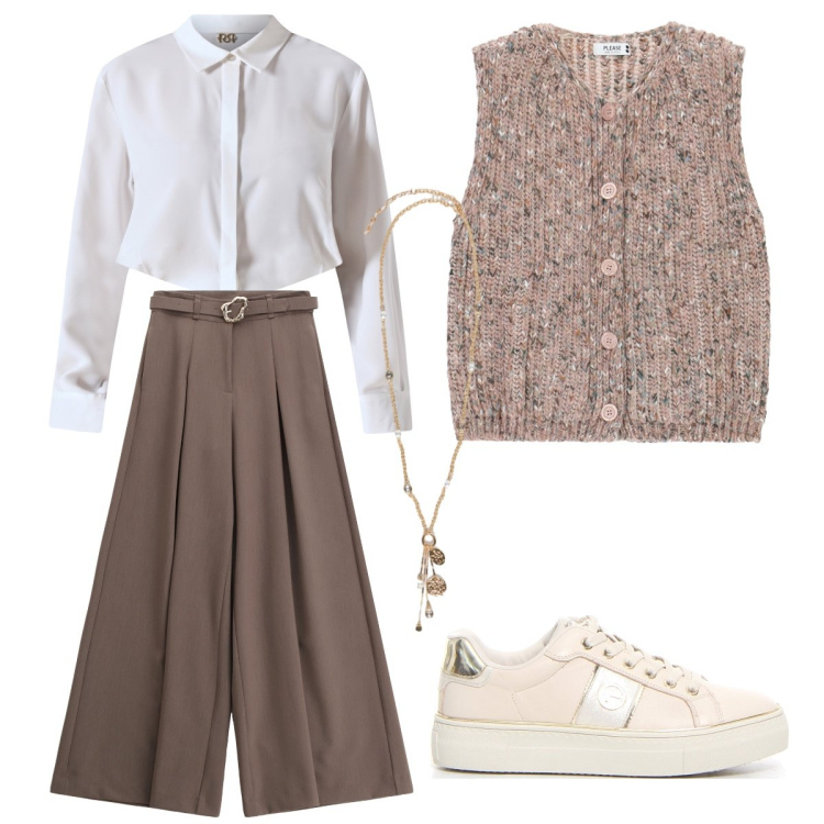 Outfit donna - Pullover e Camicia. Stile Casual chic per Ufficio. Abbinamento con camicie, gilet, pantaloni, sneakers, ciondoli.