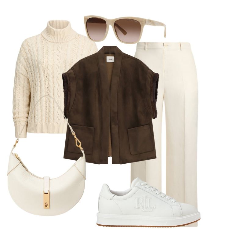 Outfit donna - Minimal chic. Stile Minimal per Tutti i giorni. Abbinamento con gilet, occhiali da sole, borse a spalla, sneakers, pantaloni, maglieria.