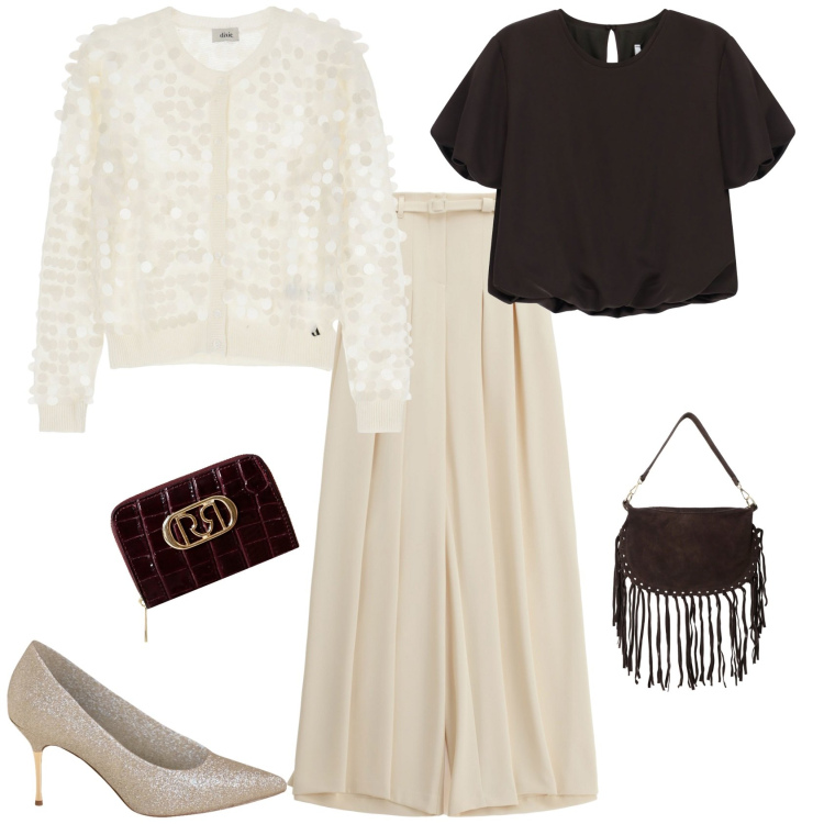 Outfit donna - Total look #2248057. Stile Bon Ton per Serata fuori. Abbinamento con portafogli, décolleté, pantaloni a palazzo, camicie a manica corta, cardigans, borse a tracolla.