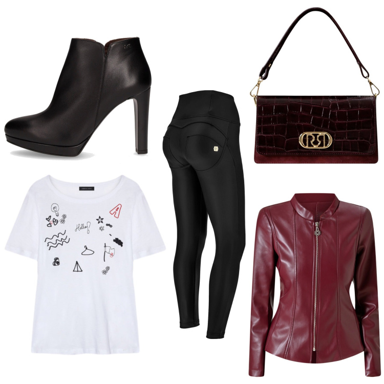 Outfit donna - Total look #2248058. Stile Rock per Ufficio. Abbinamento con blazer, borse a mano, pantaloni skinny, t-shirt, stivaletti.